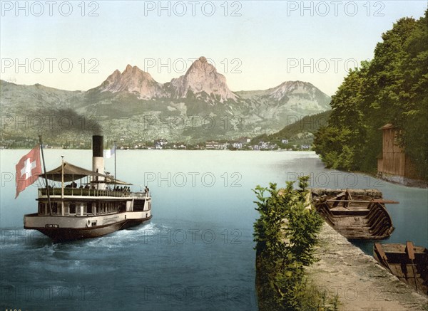 Treib und Mythen, Vierwaldstaettersee, Switzerland, Historical, digitally restored reproduction