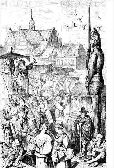 Brandenburg market in the 17th century, crowd, market stall, stalls, Roland, trade, old town,