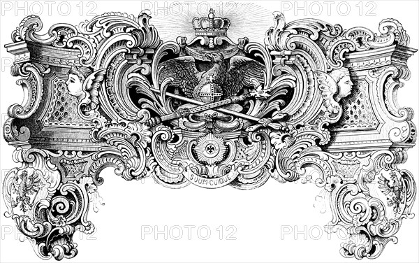 Symbols of Prussian history, royal insignia, crown, sceptre, orb, sword, medals, motto Suum Cuique,