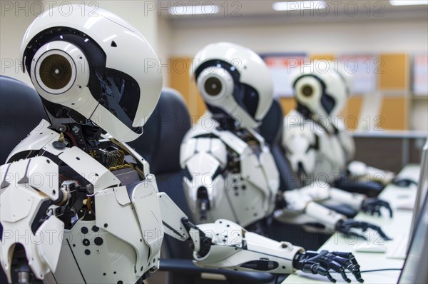 A robot working in the office. Robot artificial intelligence AI takeover. Job replacement, AI