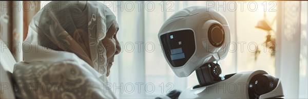 A robot servicing senior people in retirement home. AI takeover. Job replacement, AI generated