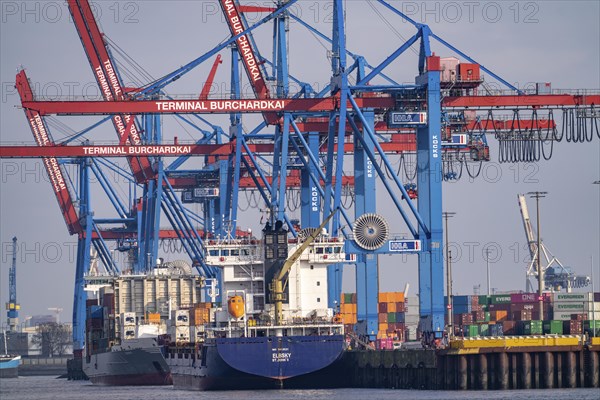 HHLA Container Terminal Burchardkai, feeder ships at the quay, on the Elbe, Hamburg, Germany,