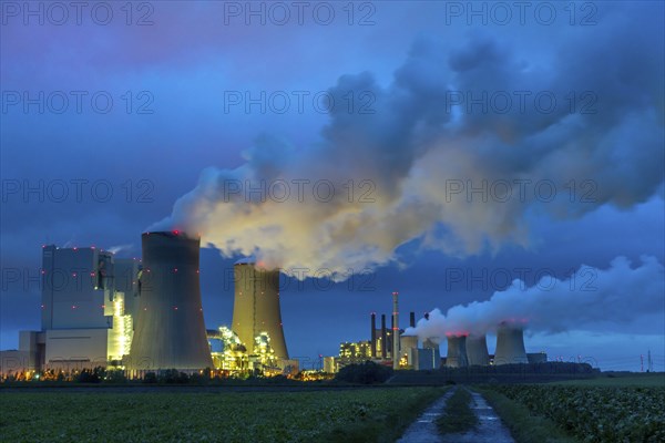Neurath lignite-fired power station, power station units A, E, cooling towers, town of