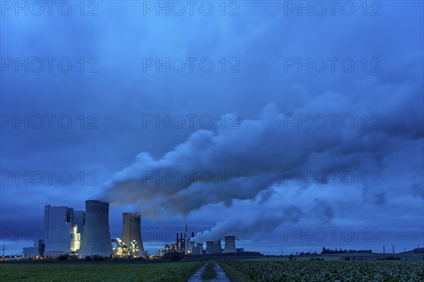 Neurath lignite-fired power station, power station units A, E, cooling towers, town of