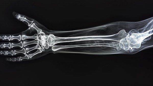X-ray image of a human arm displaying bones and joints against a black background, AI generated