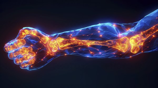 A glowing neon digital representation of an arm and its bones, showcasing a futuristic anatomical