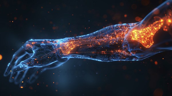 Abstract illustration of an arm composed of glowing blue and orange digital particles on a dark