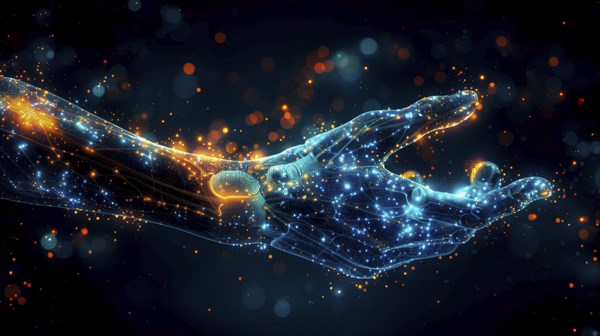 Abstract digital illustration of a hand composed of glowing blue and orange particles set against a
