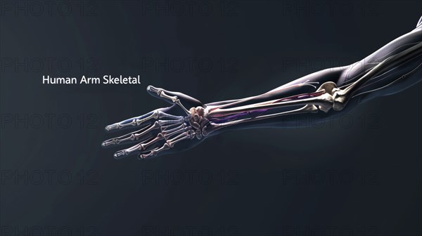 Minimalistic medical illustration of a human arm's skeletal structure on a dark background, AI