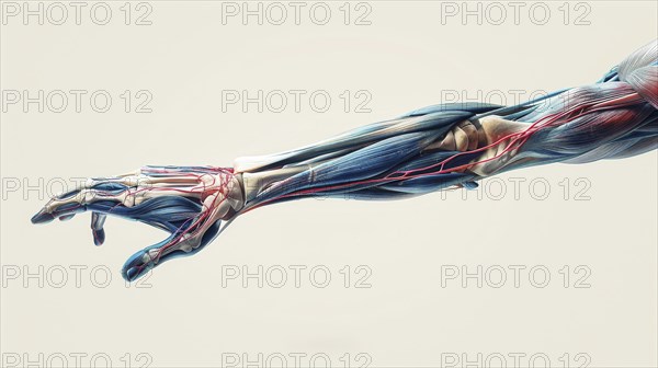 Detailed anatomical depiction of a human arm showing muscles and veins against a white background,