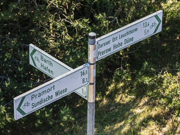 Signpost of bicycle path, directions to Prerow, Pramort, Barth, Baltic Sea, peninsula of
