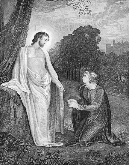 Christ appears to Mary Magdalene, park landscape, Gospel of John chapter 25, New Testament, Bible,