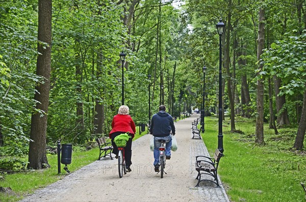 Two cyclists on a narrow road with benches through a forest in Swinoujscie, Swinemünde, West