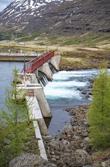 Dam at a river near Seydisfjordur, Iceland, vertical shot, Europe