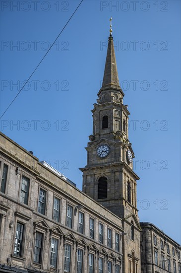 Inverness Town Steeple Tolbooth clock tower, low angle view, vertical shot, Scotland, United