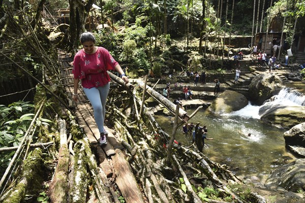 Tourists at the Bouble decker living root bridge amid COVID-19 coronavirus pandemic, in Nongriat