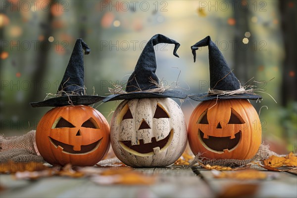 Three carved Halloween pumpkins with witch hats. Generative Ai, AI generated