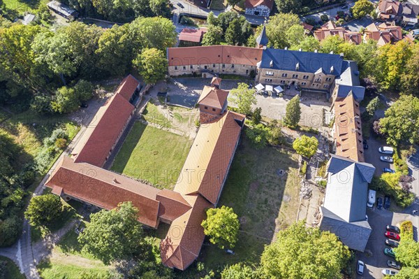 Aerial view of Ilsenburg monastery, village Ilsenburg, Harz, Germany, Europe