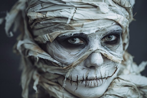 Woman with Halloween mummy makeup and costume bandages. generative ai, AI generated