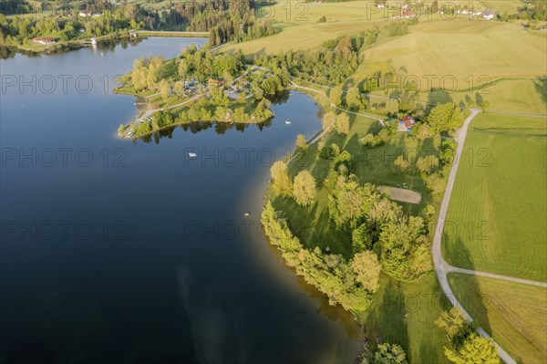 Aerial view of bathing and surfing area at lake Rottachsee, Allgäu, Bavaria, Germany, Europe