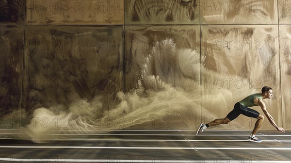 A male athlete running indoors on a track, with a cloud of dust trailing behind, highlighting focus