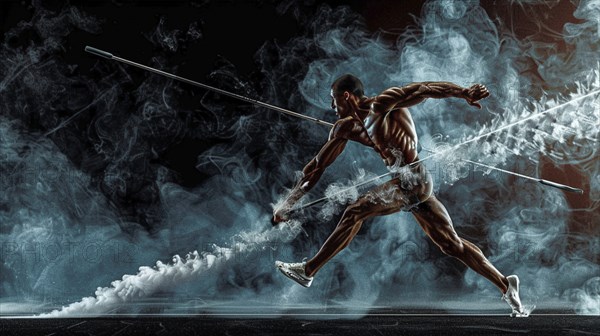 Athletic man performing pole vault through blue smoke creating a detailed and dynamic atmosphere,