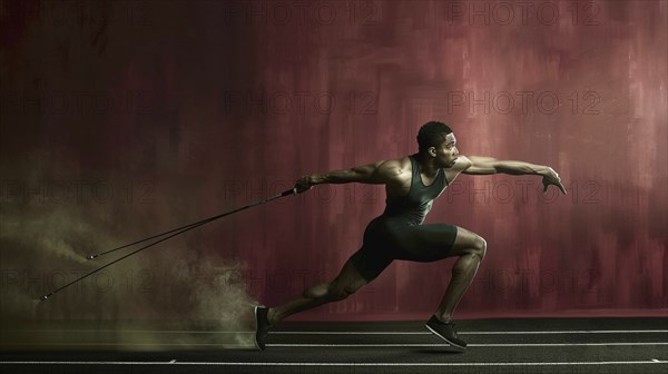A man poised to throw a javelin against a backdrop of red smoke, emphasizing strength and focus, AI