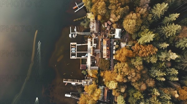 Aerial view of a lake with boats and docks, surrounded by trees with autumn foliage, AI generated