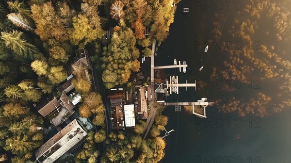 Aerial view of a forest with autumn foliage surrounding a calm waterfront with docks and boats, AI