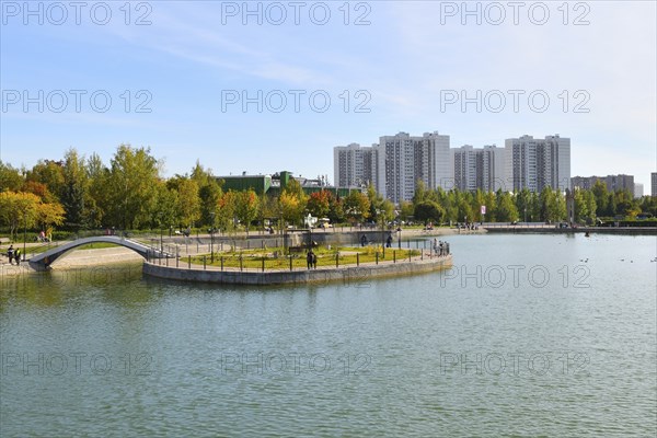 Moscow, Russia, 17 Sept. 2023. City landscape with Mikhailovsky pond in Zelenograd, Europe