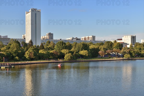 Moscow, Russia, July 30. 2023. Victory Park and large city pond in Zelenograd, Europe