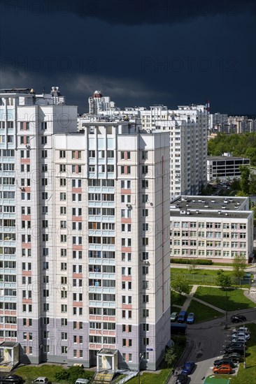 Moscow, Russia, May 29. 2022. Beautiful cityscape of a residential area from top, Europe