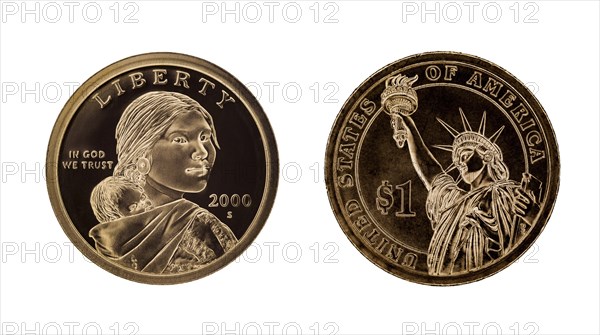 US one dollar coin, Sacagawea and Statue of Liberty. Isolated on white background