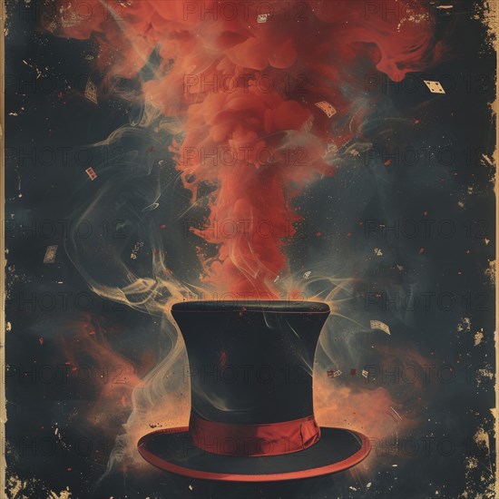A top hat poster releasing smoke and playing cards with a fiery ambiance, set against a dark