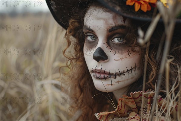 Young woman with Halloween scarecrow costume makeup with blurry grainfield in background.