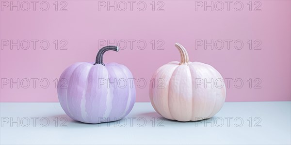 Pastel violet and cream colored pumpkins in front of blue and pink background. Generative Ai, AI