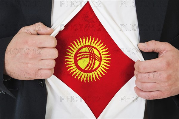 The Kyrgyz Flag painted on the chest of a man
