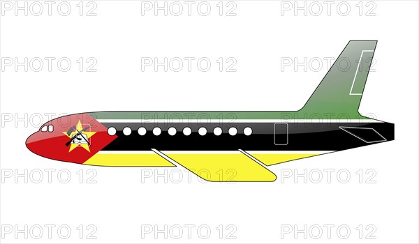 The Mozambique flag painted on the silhouette of a aircraft. glossy illustration