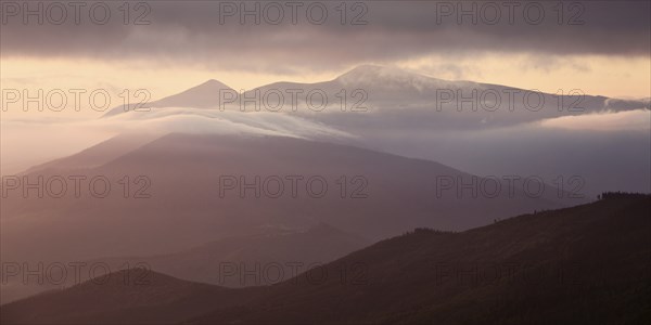 Panoramic view of Carpathian mountains silhoutte, Ukraine, Europe