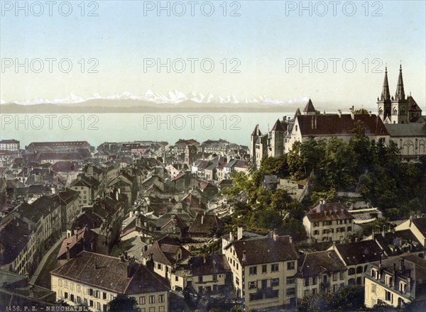 The city, General view with the Alps, Neuchatel and the castle, Switzerland, Historical, digitally