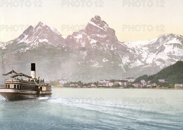 Fountain and the myths, Vierwaldstaettersee, Switzerland, Historical, digitally restored