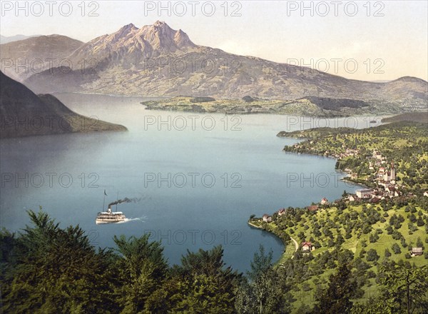Lake Uri and Pilatus, Vierwaldstaettersee, Switzerland, Historical, digitally restored reproduction