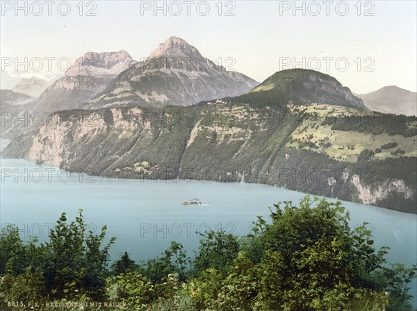 Seelisberg and Bauen, Vierwaldstaettersee, Switzerland, Historic, digitally restored reproduction