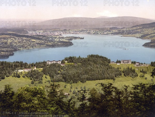 Burgenstock, View of Lucerne, Lake Lucerne, Switzerland, Historical, digitally restored