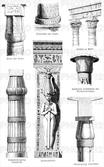 Different types of ancient Egyptian columns, columns from Luxor and Philae, column base, chalice