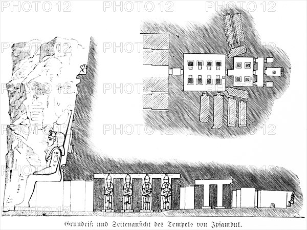 Floor plan and side view of the temple of the double temple of Iphambul or Kom Ombo on the Nile,