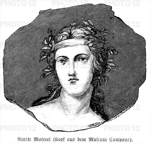 Portrait of a woman, face, curls, headband, dreaming look, antique painting, head from the Campano