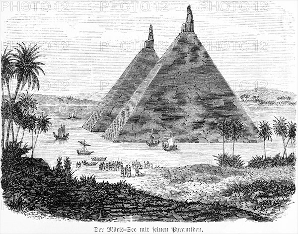 Möris Lake or Qarun Lake with pyramids, shipping, dhows, transport, palm trees, people, swamp area