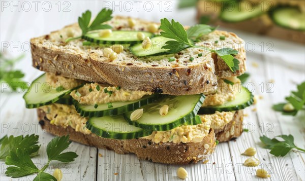 Cucumber and hummus sandwiches on whole grain bread on a light wooden background AI generated