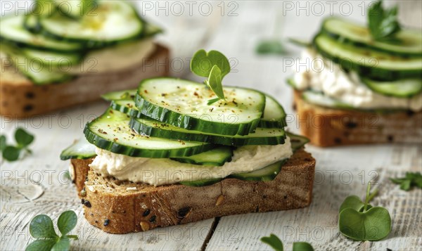 Cucumber and hummus sandwiches on whole grain bread on a light wooden background AI generated